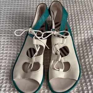Fly London Teal and Cream Sandals